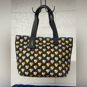 Coach Dark Blue Tote with Yellow & Light Blue Heart Pattern